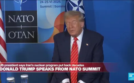 Donald Trump speaks from NATO summit on Iran