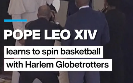 #Pope Leo XIV learns to spin #basketball with Harlem Globetrotters