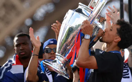 PSG parade champions league trophy as they celebrate back-to-back titles